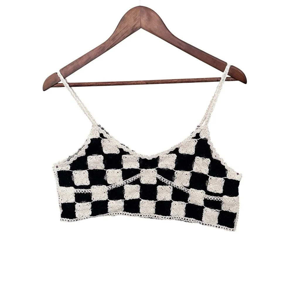 Checkerboard Crochet Bralette Top S Boho Festival Y2K Fairy Cottagecore Festival